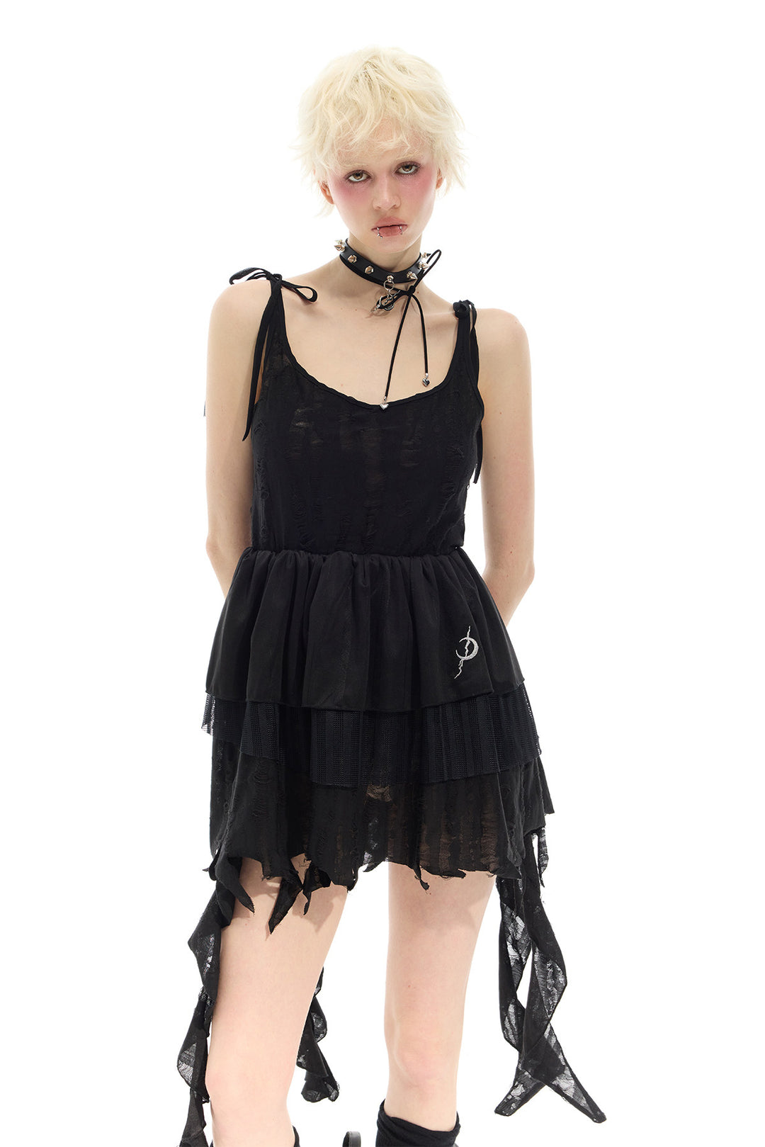 PINKSPINK ELECTRIC MOON two-way layered lace mini dress — black dress — front view with arms behind