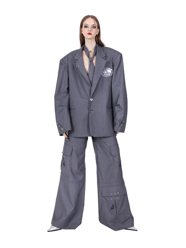 PINKSPINK ELECTRIC MOON ring-detail cargo flare trousers in gray — wide-stance front view highlighting the flared hems and ring details
