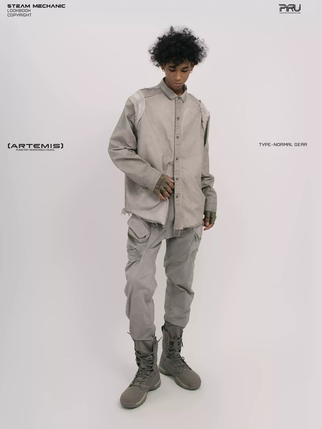CHAOS ERA nightfall gray raw-edge technical shirt — full-length front modeled view looking down
