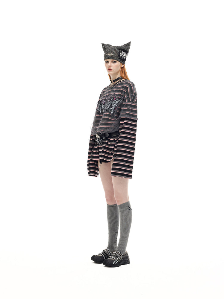 PINKSPINK ELECTRIC MOON striped mesh-overlay two-piece tee in black pink — side full-length modeled view