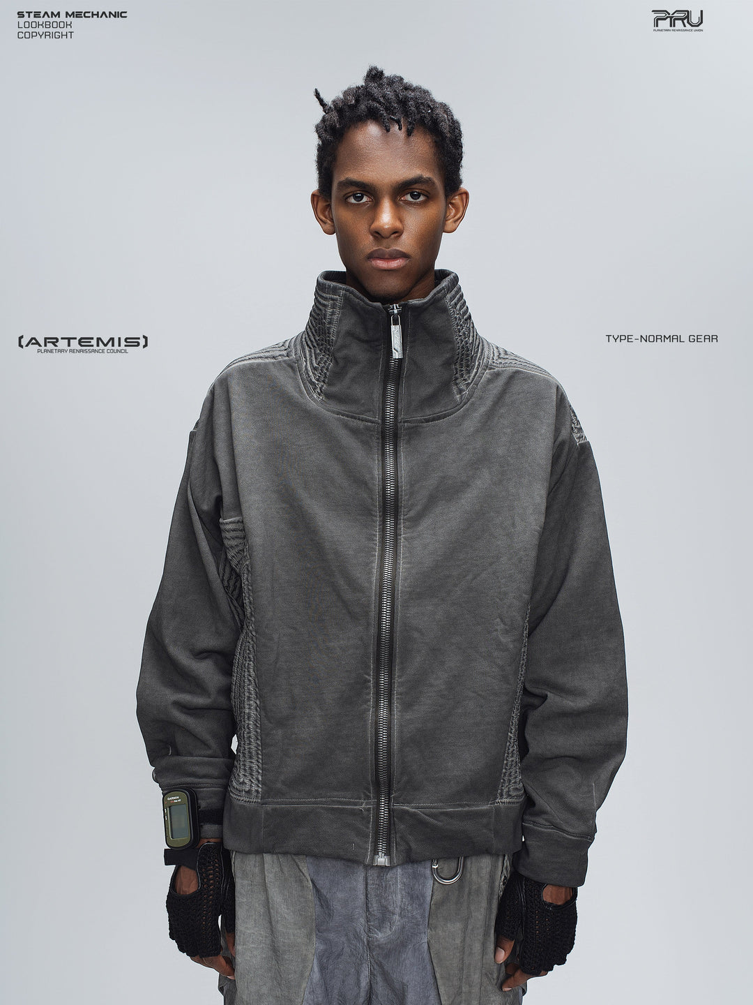 PIONEER moon dust gray distressed protection zip jacket — front modeled product view