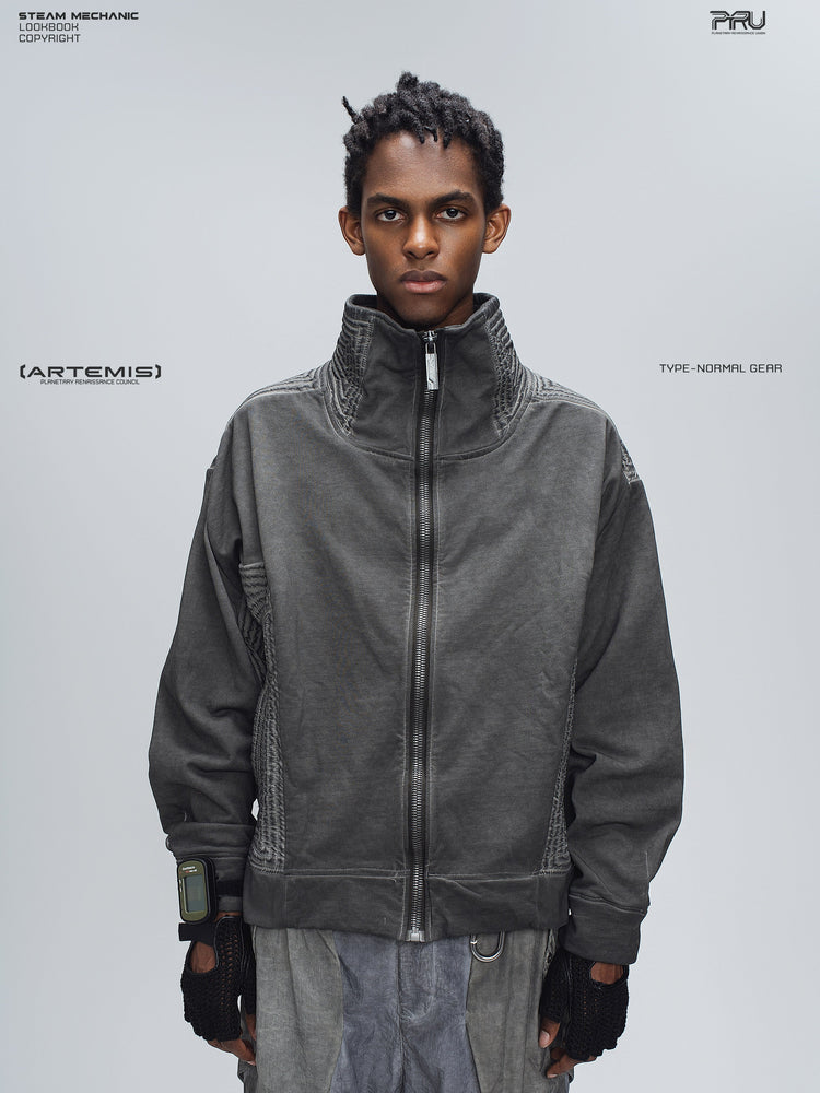 PIONEER moon dust gray distressed protection zip jacket — front modeled product view