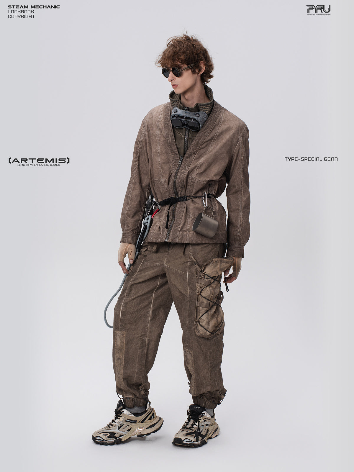 PIONEER gravel brown detachable-waist-bag work pants — full-length front three-quarter view looking to the side