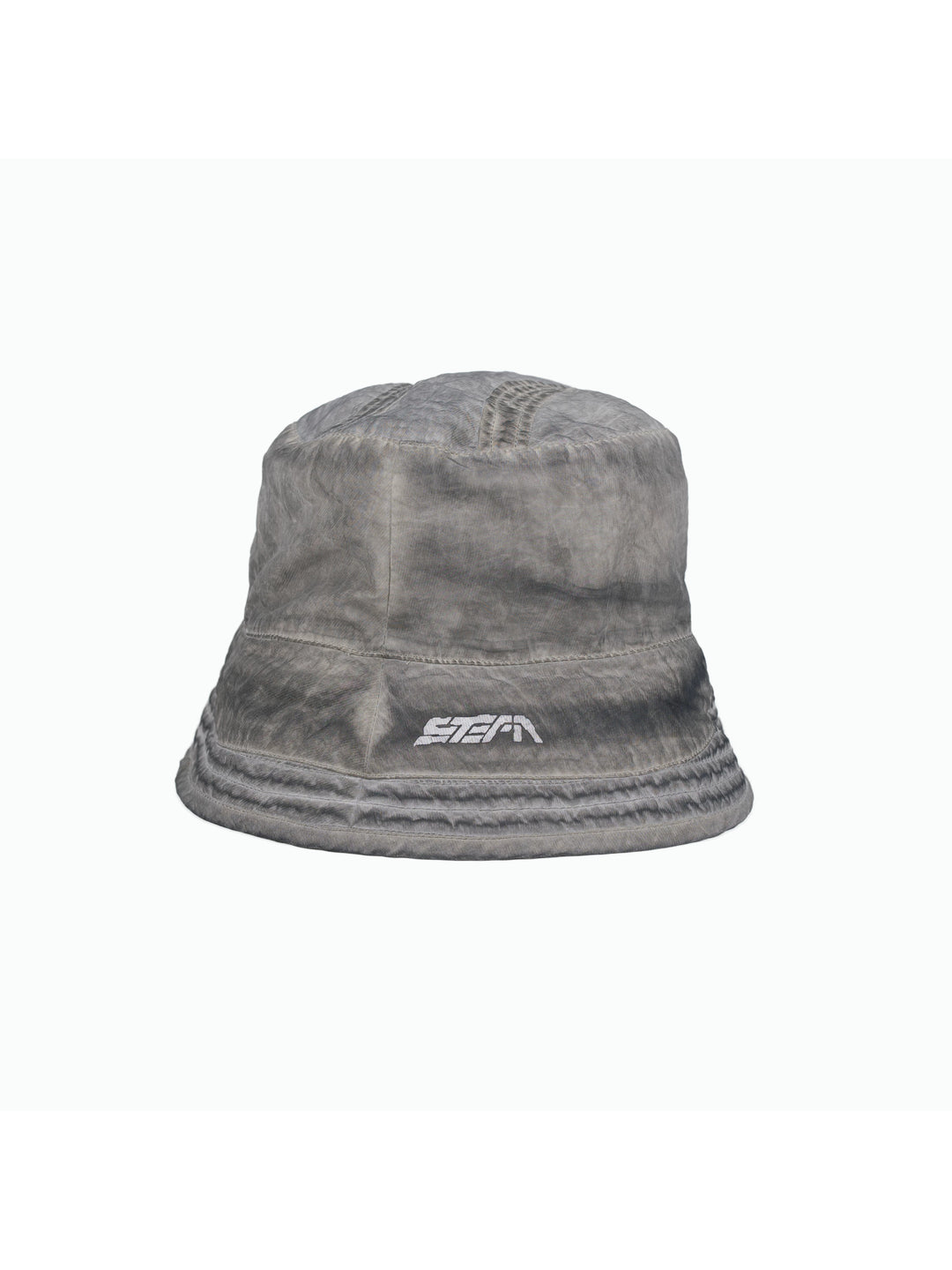 PIONEER distressed nylon bucket hat in moon dust gray — front garment-only view
