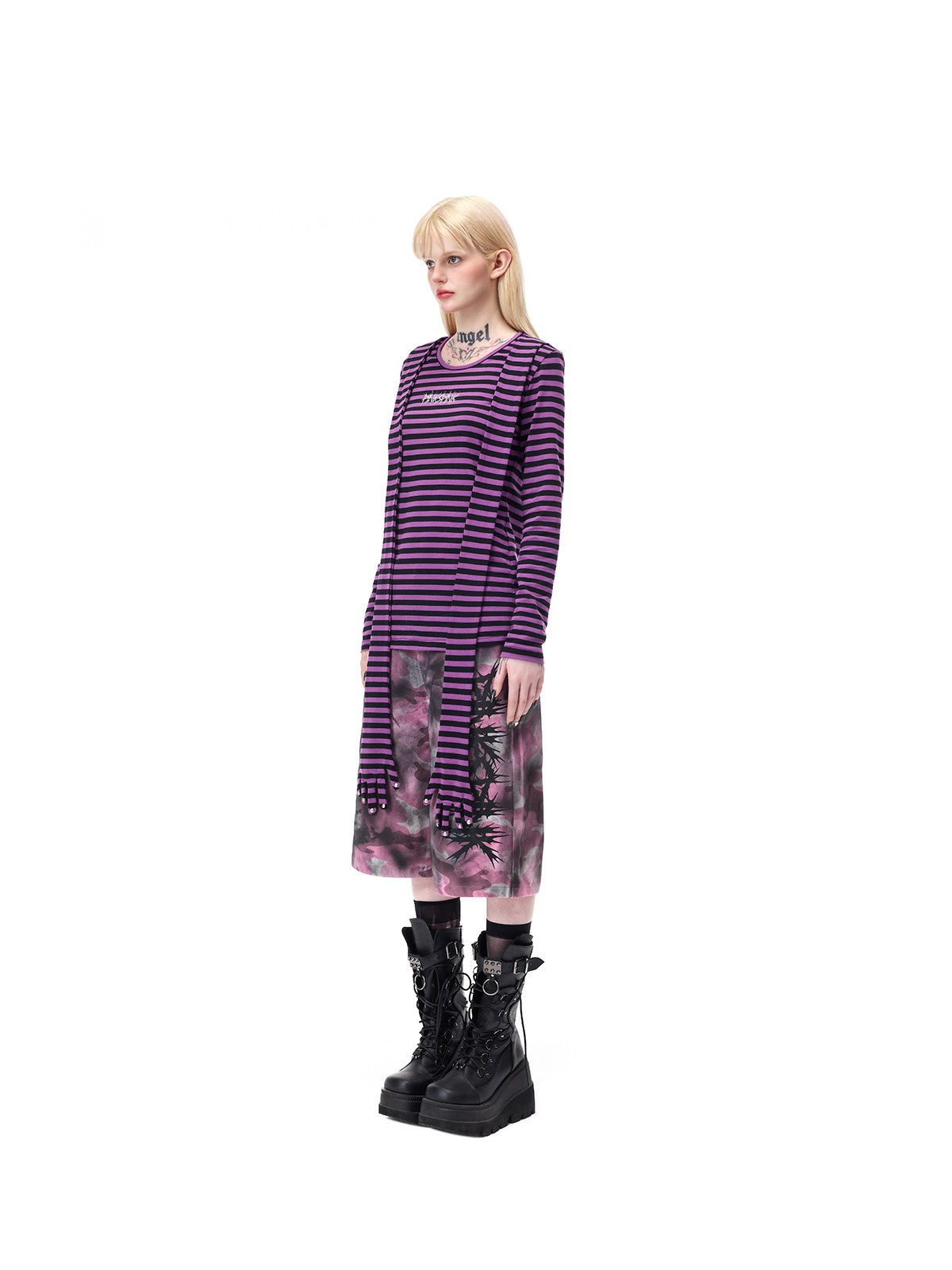 PINKSPINK GHOSTHAND striped glove-sleeve tee in purple and black — full-length side modeled view with the long hand-shaped panels