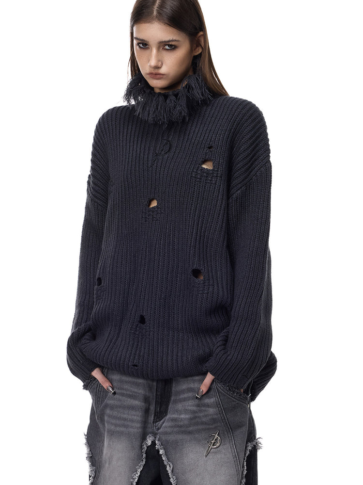 PINKSPINK ELECTRIC MOON distressed high-neck sweater — dark gray three-quarter modeled view