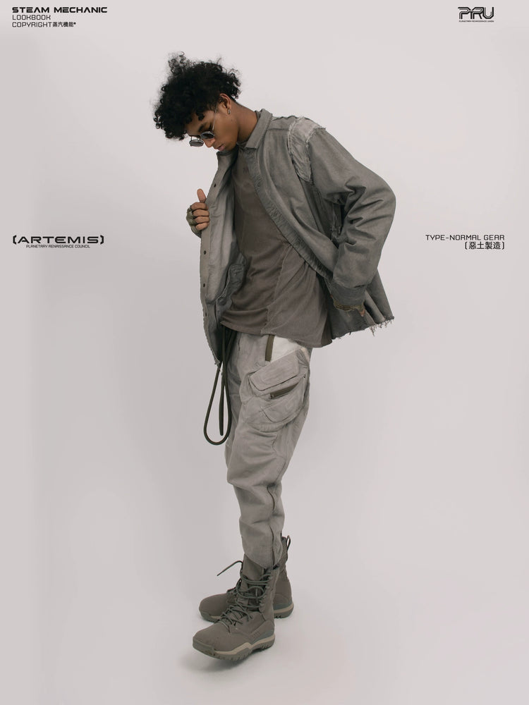 CHAOS ERA moon dust gray raw-edge technical shirt — construction detail