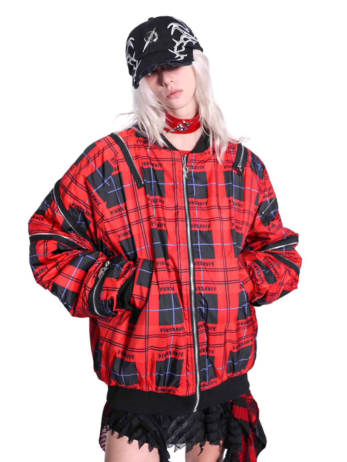 PINKSPINK ELECTRIC MOON black-red racing cap — product detail view showing texture and hardware