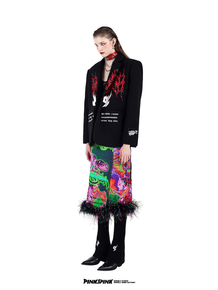 PINKSPINK SPIKE RING studded chain choker in red — three-quarter modeled view with an embroidered blazer and multicolor layered bottoms