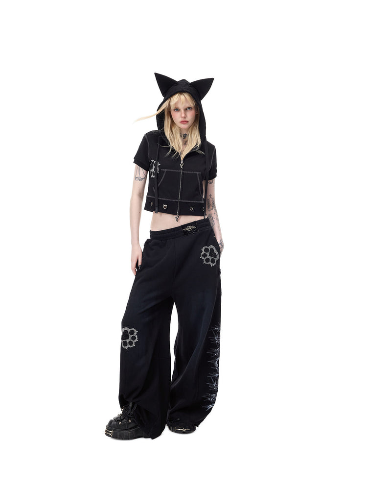 PINKSPINK CATPAW cropped cat-ear zip hoodie in black — full-length angled front view with cat-ear hood raised