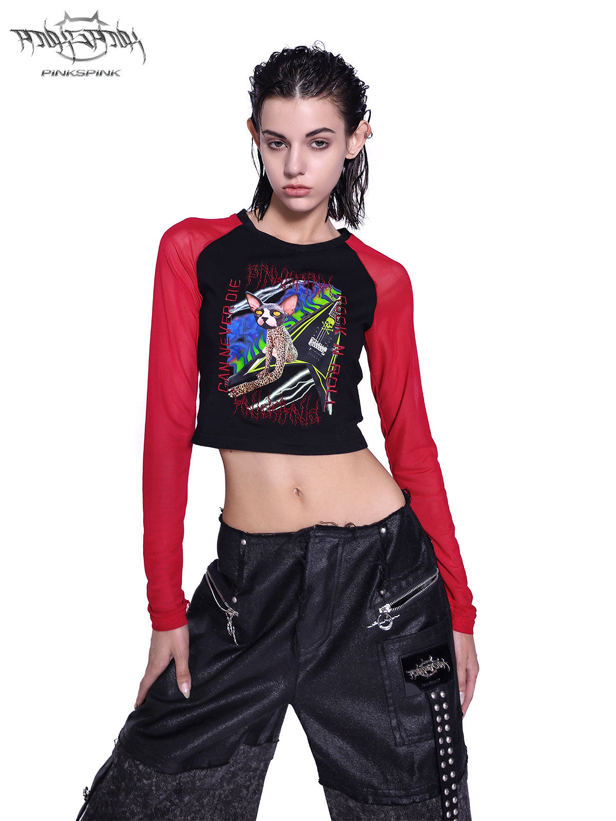 PINKSPINK SPHYNX red mesh-sleeve cropped graphic tee — black and red cropped tee — close front view of cat-and-guitar graphic