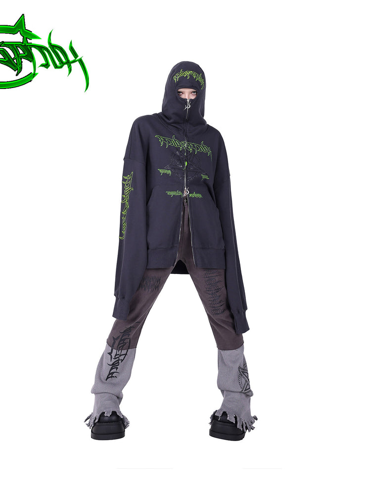 PINKSPINK DNA circle-star balaclava zip hoodie — front full-length modeled view with the lower zipper open