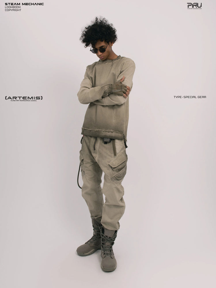 CHAOS ERA xirang brown raw-edge long-sleeve top — rear modeled view