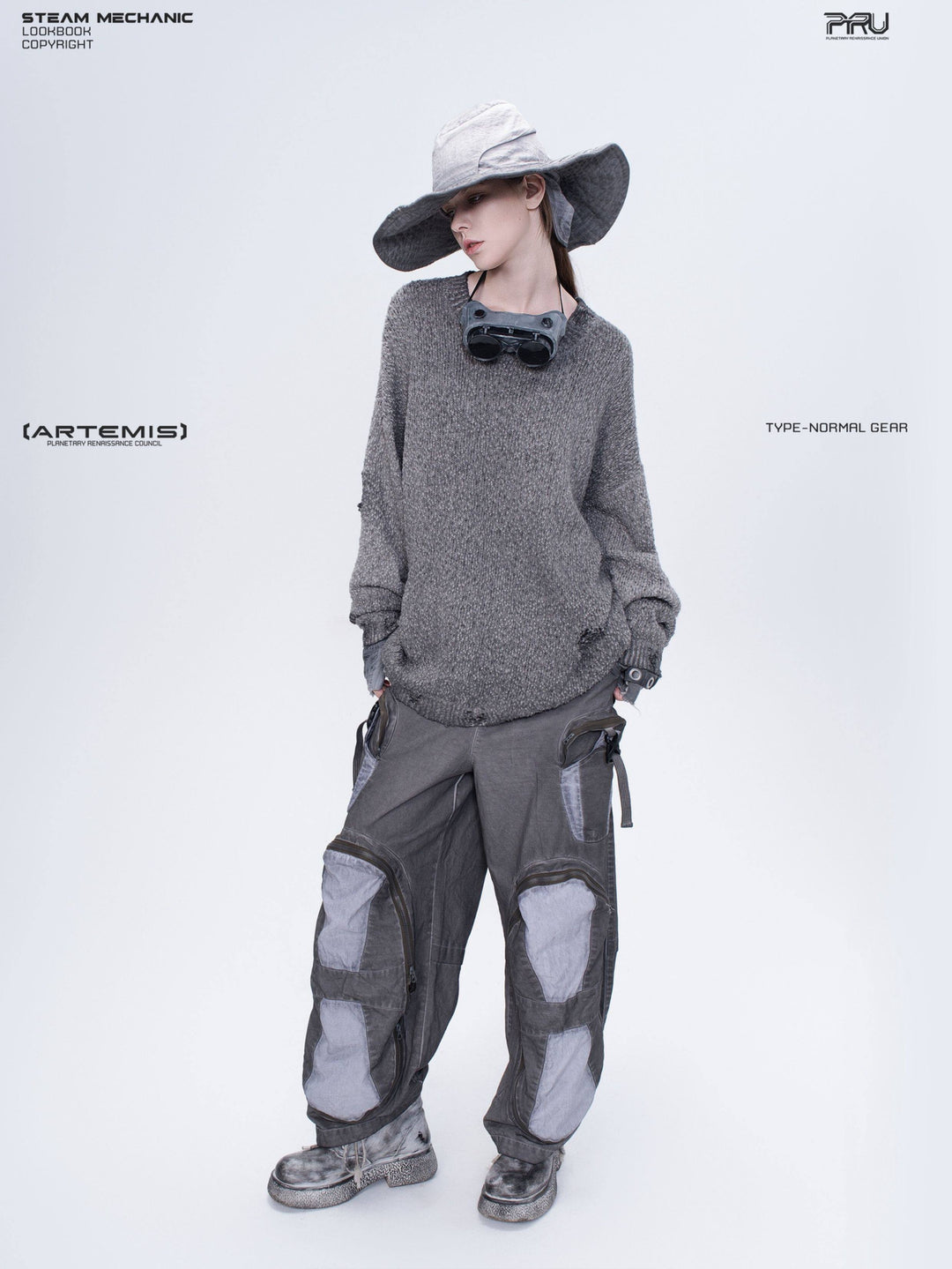 ARTEMIS distressed reversible knit sweater, moon dust gray — full front view showing the loose unbelted silhouette