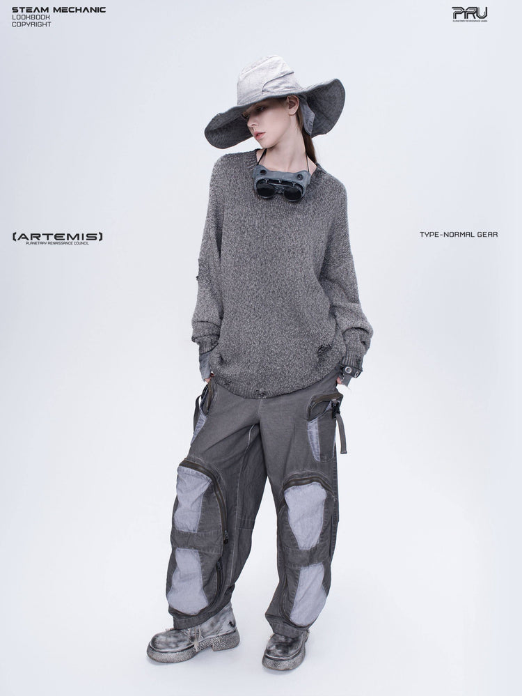 ARTEMIS distressed reversible knit sweater, moon dust gray — full front view showing the loose unbelted silhouette