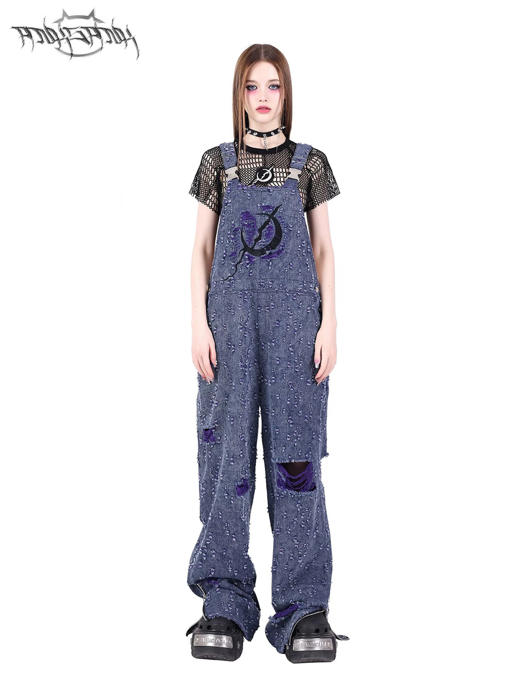 PINKSPINK BROKEN VIOLET distressed denim overalls — cleaned hero collage showing the complete design
