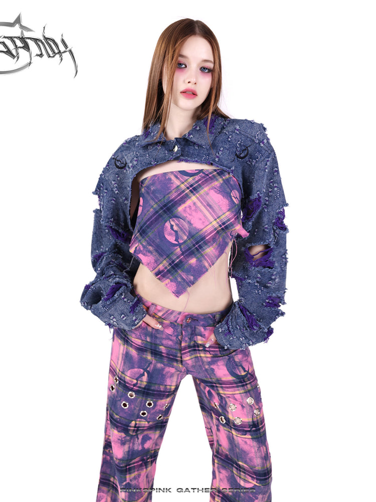 PINKSPINK BROKEN VIOLET distressed denim cropped jacket — cleaned hero collage showing the complete design