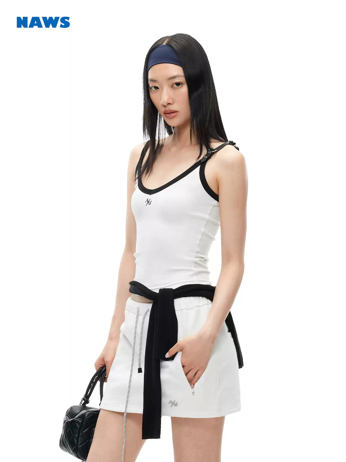 NAWS MONA leather-belt camisole — alternate modeled view showing the silhouette