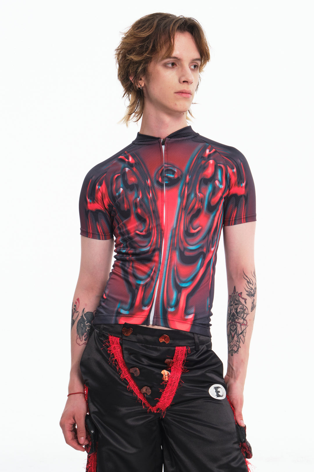 EMBRYO RED SIGNAL fitted cycling top — alternate modeled angle