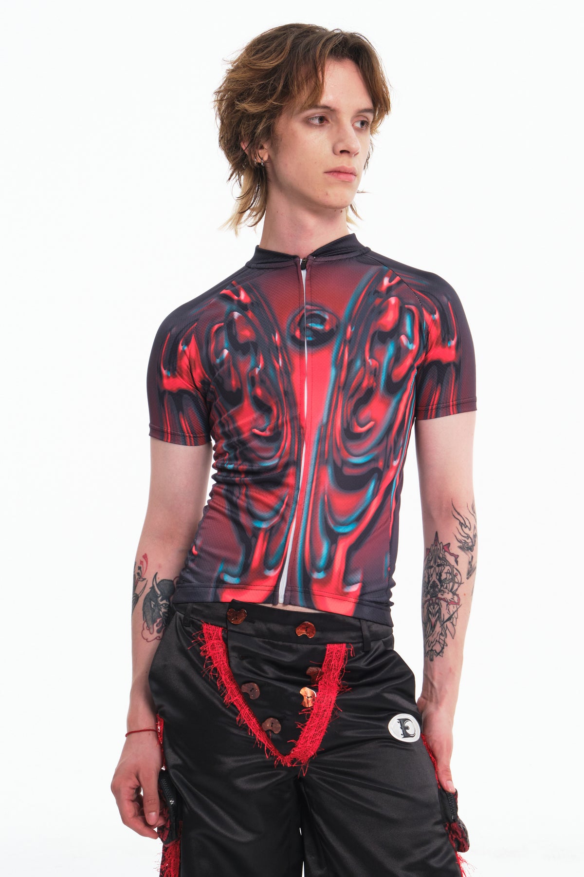 EMBRYO RED SIGNAL fitted cycling top — alternate modeled angle