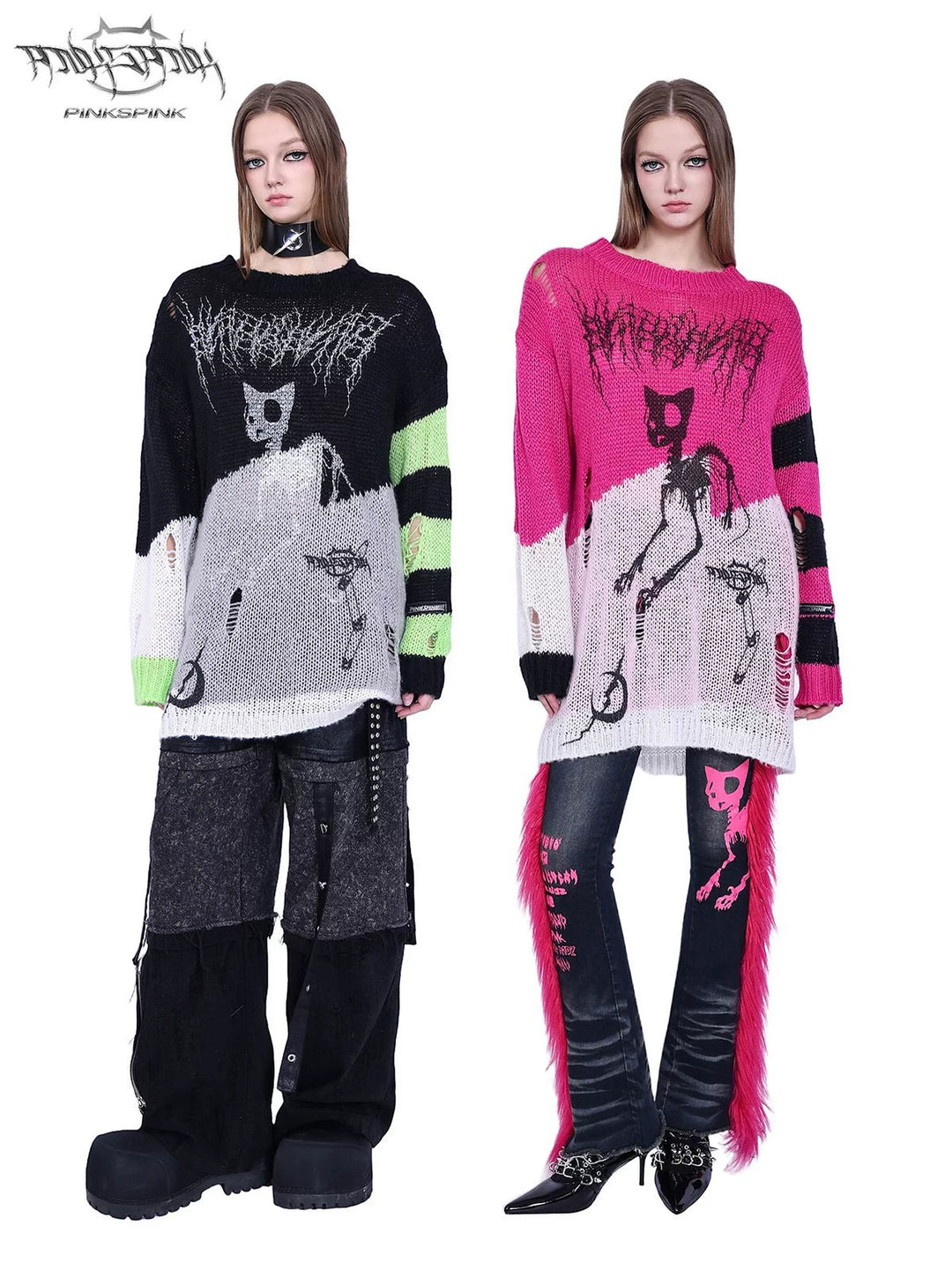 PINKSPINK SPHYNX distressed striped graphic sweater — black-green and pink graphic sweaters — front modeled collage