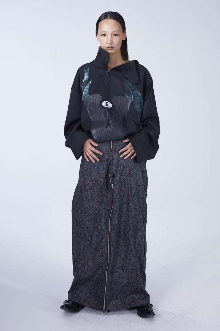 EMBRYO SHOE COLLAR asymmetrical sweatshirt — full-length modeled view