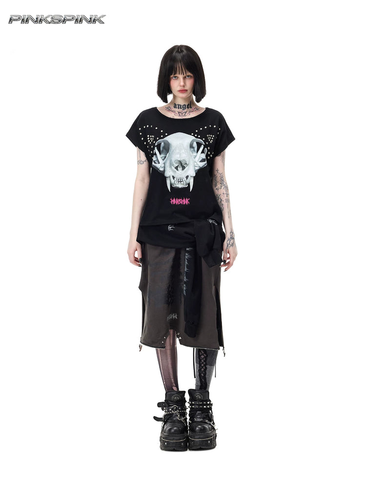 PINKSPINK CATACOMB reversible cat-skull tee in black — full-length cat-skull front view styled with a separate long skirt