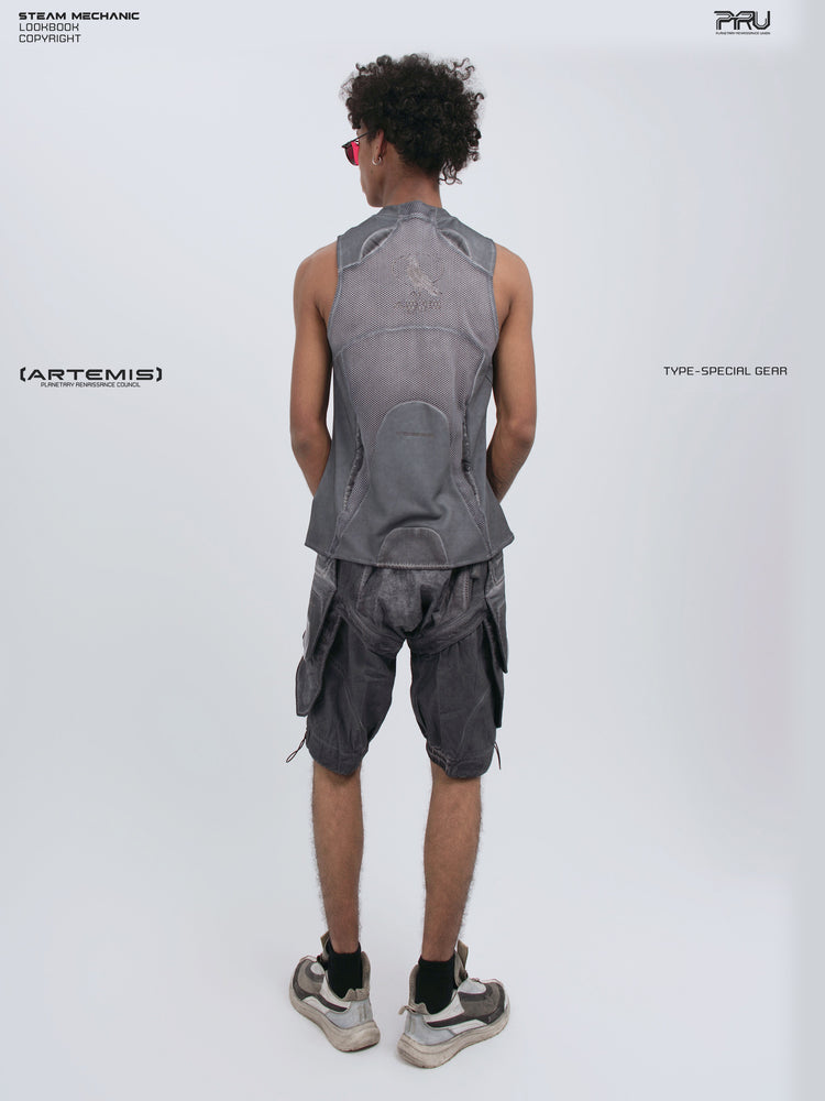 AEGIS stellar blue distressed mesh tank top — full-length rear modeled view with the head turned left