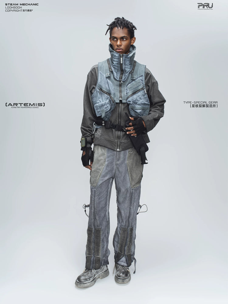 STARCORE moon dust gray engineer utility pants — material and silhouette detail