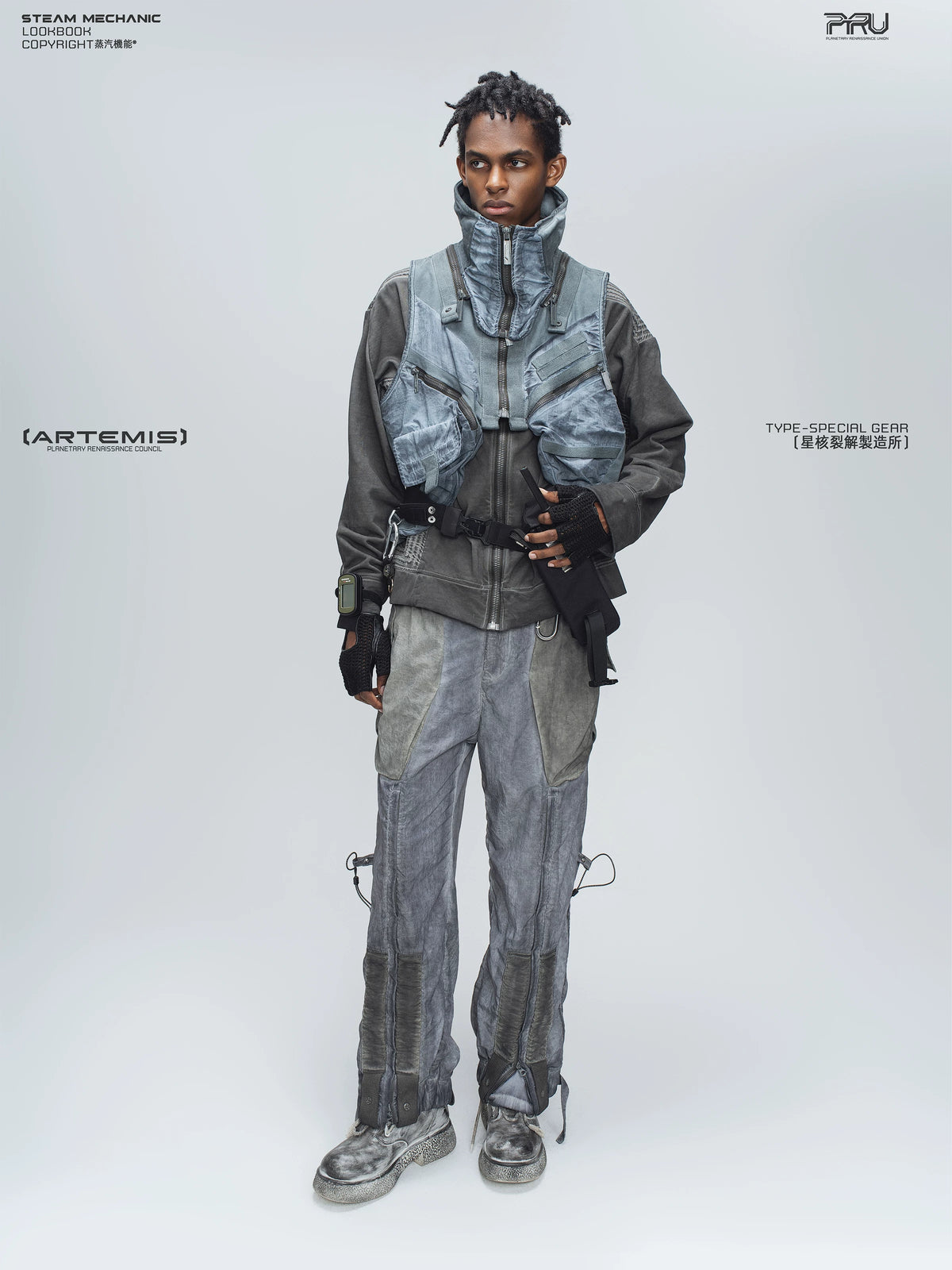 STARCORE moon dust gray engineer utility pants — material and silhouette detail