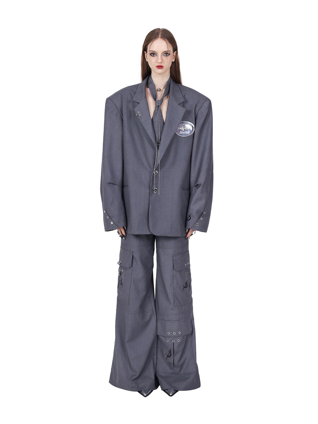 PINKSPINK ELECTRIC MOON ring-detail cargo flare trousers in gray — neutral full-length blazer-styled front counterpart from the hero collage