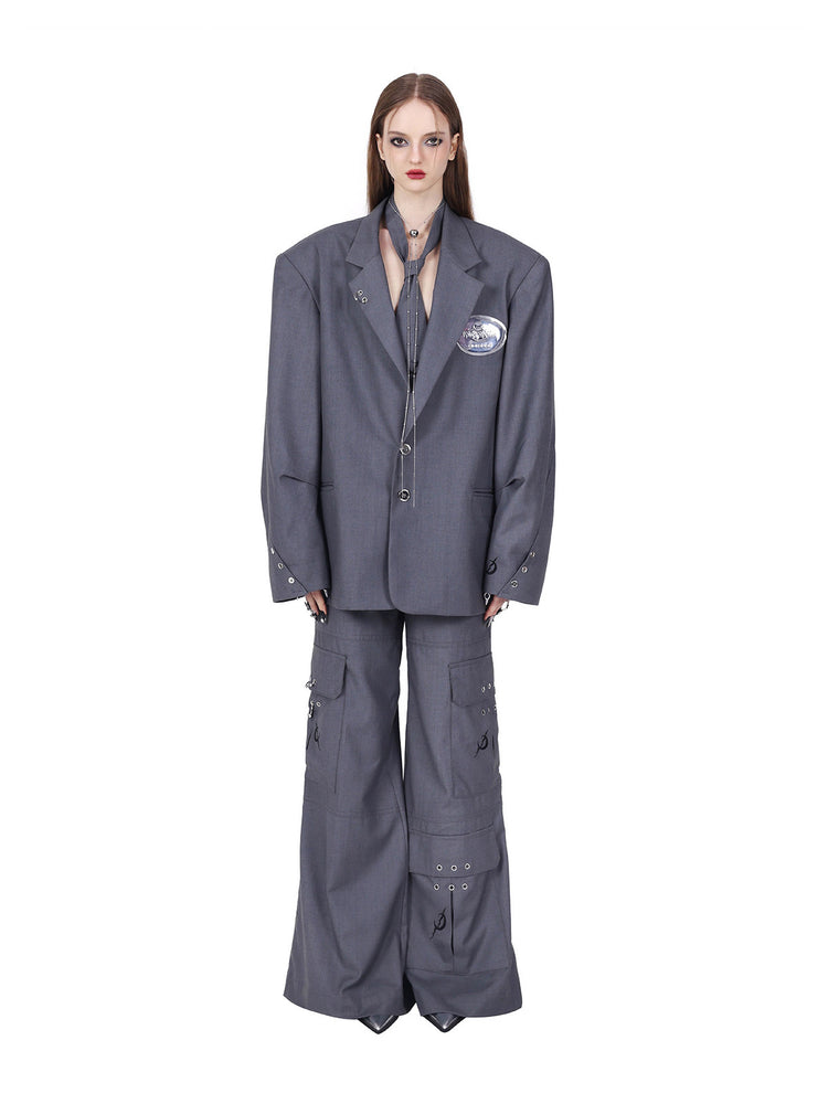 PINKSPINK REBEL pierced oversized tailored blazer in gray — straight front modeled view highlighting the two-button closure