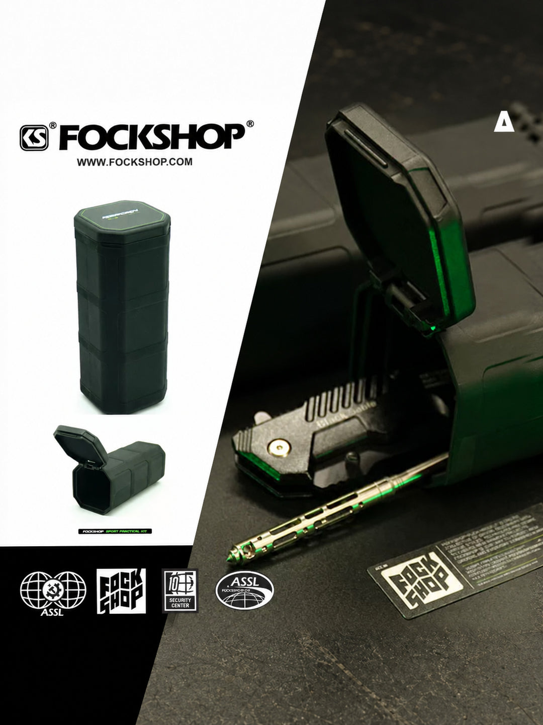 FOCKSHOP REBORN nylon utility case — studio collage of the hinged case, closed case and accessory display