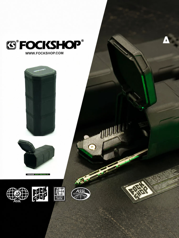 FOCKSHOP REBORN nylon utility case — studio collage of the hinged case, closed case and accessory display