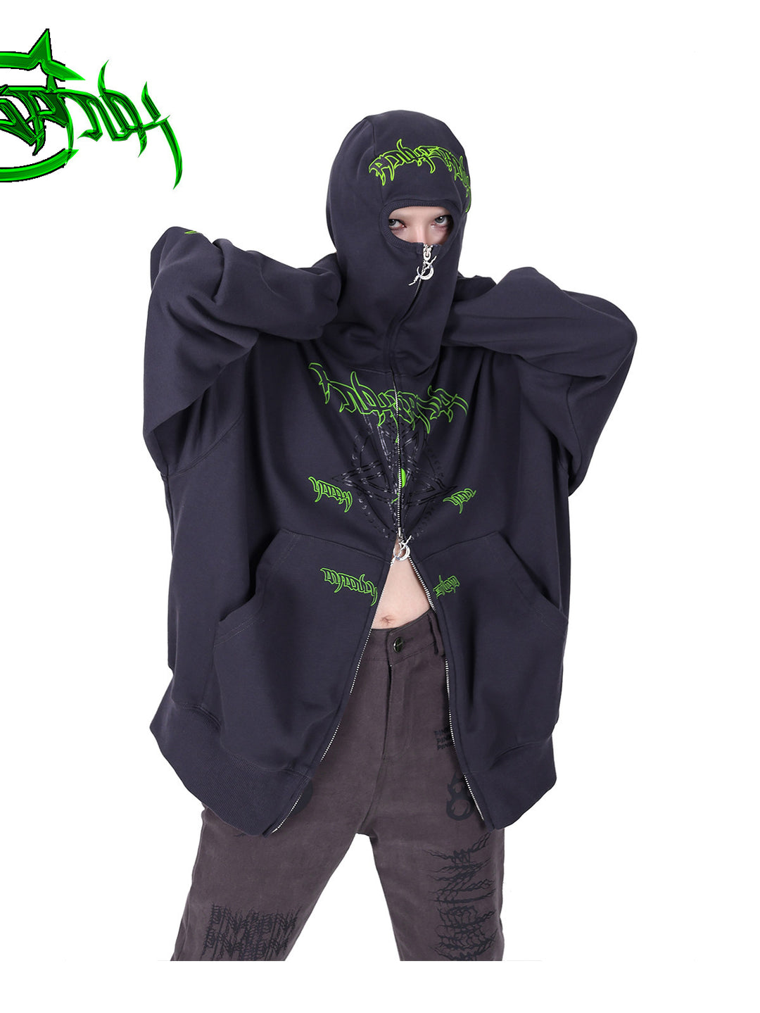PINKSPINK DNA circle-star balaclava zip hoodie — close-up of the eye opening, chest star and two-way zipper