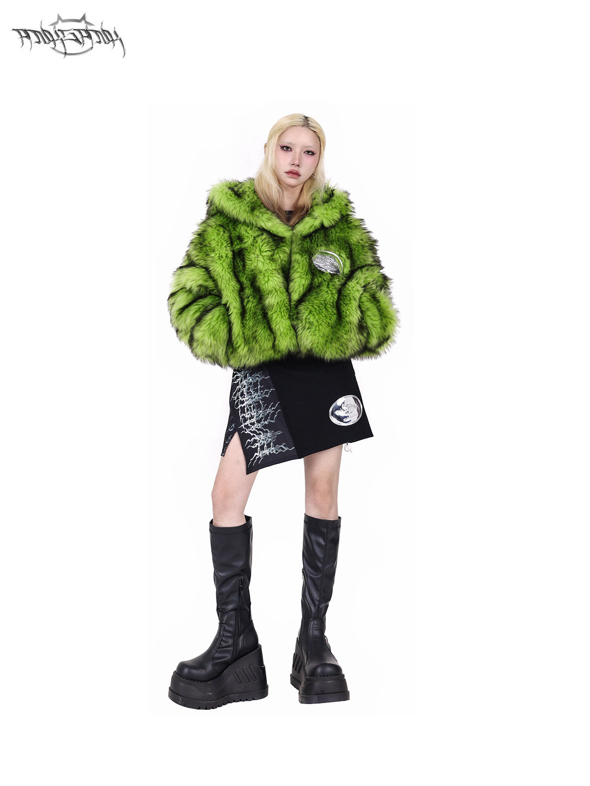 PINKSPINK NEON BEAST reversible faux-fur hooded jacket — product detail view showing texture and hardware