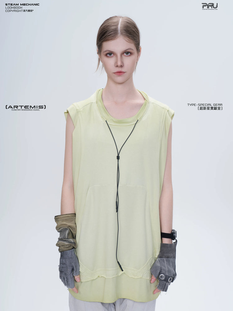 SUPERNOVA nebula green convertible drawstring technical tee — full-length styled view