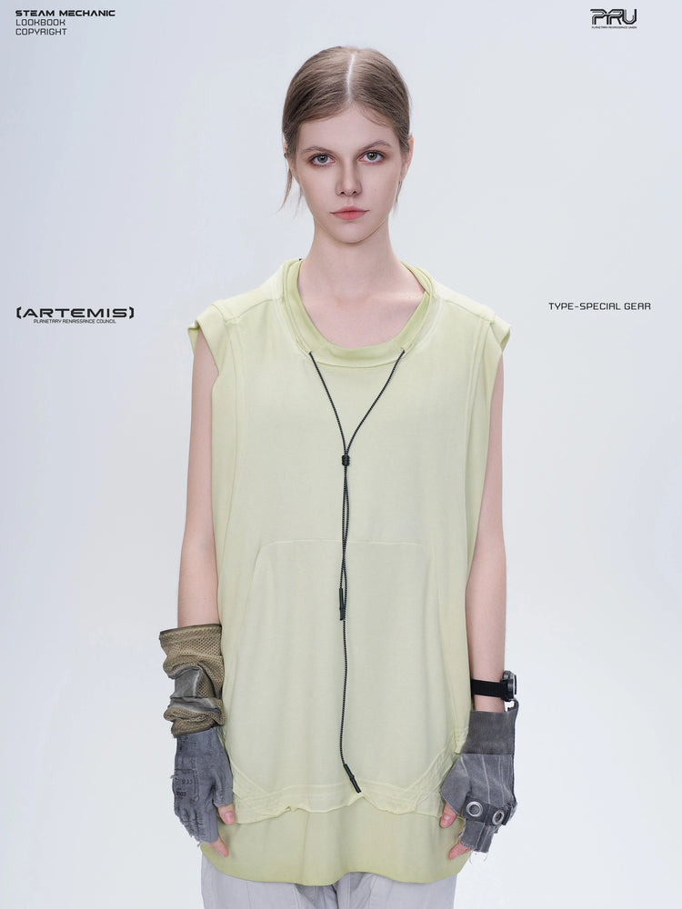 SUPERNOVA nebula green convertible drawstring technical tee — alternate front modeled view with sleeves concealed
