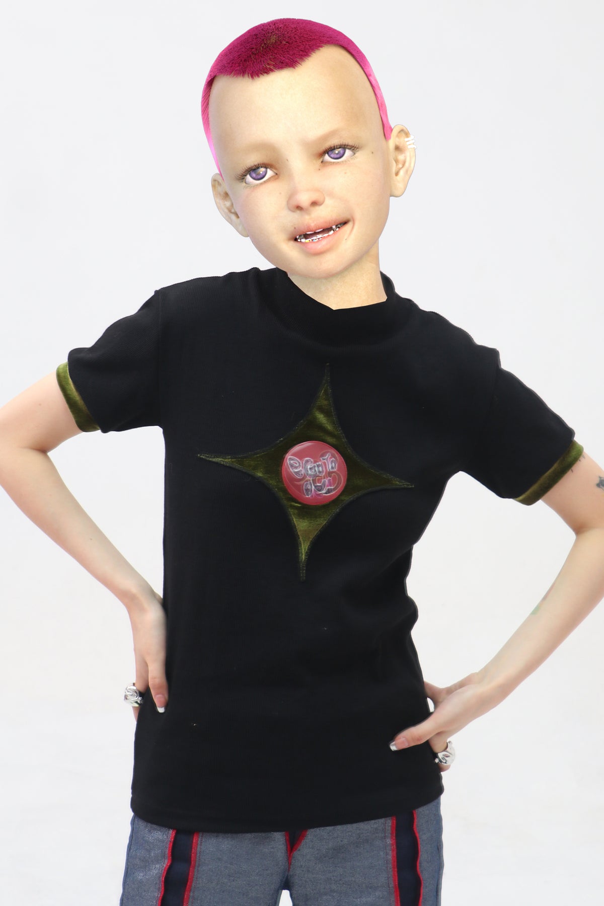 EMBRYO STARSHIFT 3D-effect fitted mock-neck tee in black — front modeled close-up with hands on hips