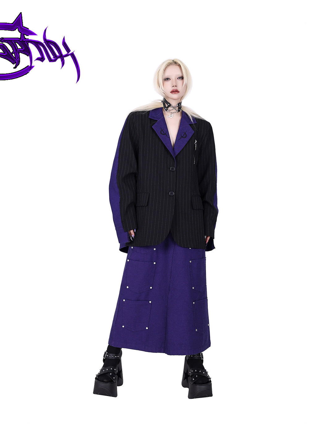 PINKSPINK DNA reconstructed multi-pocket denim maxi skirt — front modeled view with the blazer untucked