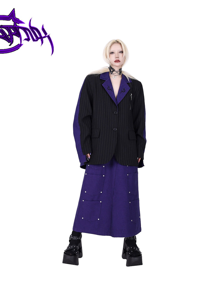 PINKSPINK DNA reconstructed multi-pocket denim maxi skirt — front modeled view with the blazer untucked