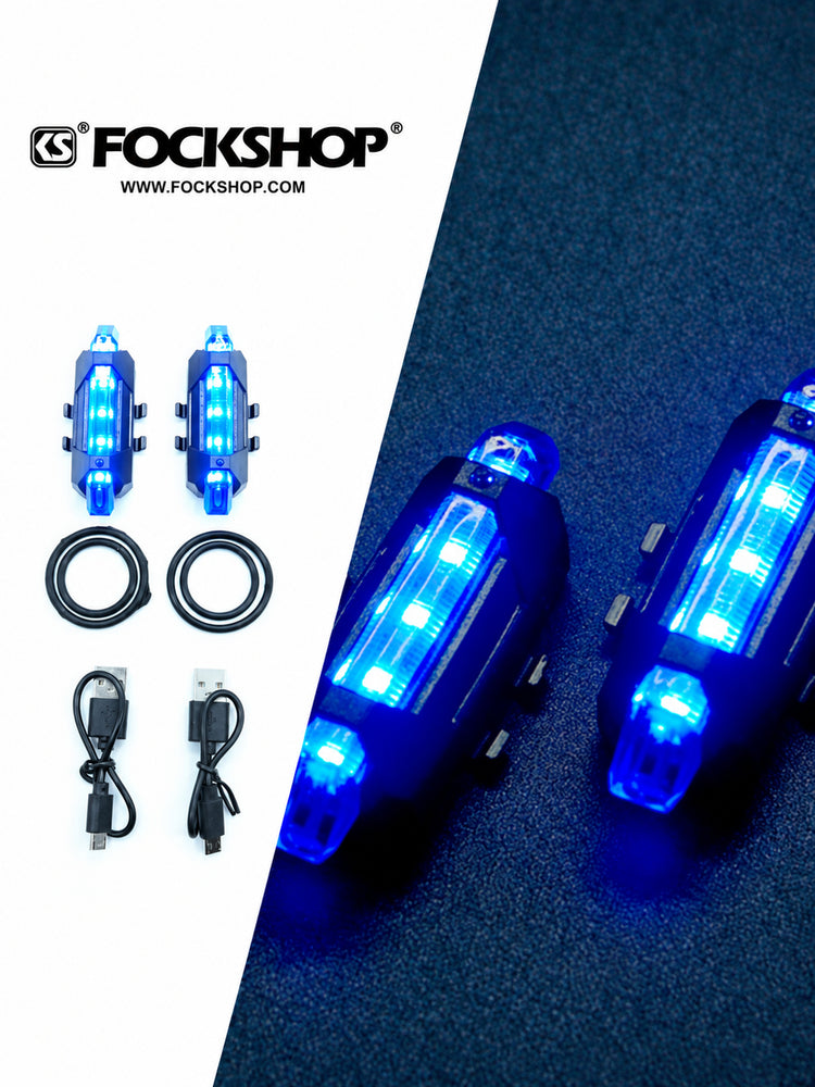 FOCKSHOP TRAIN L rechargeable costume light pair — blue light and included accessory collage