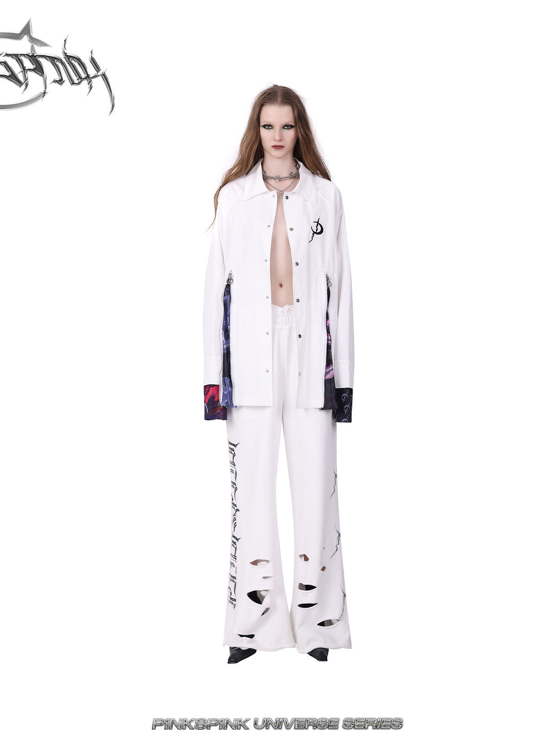PINKSPINK COSMOS zip-panel white trench coat in white — front full-length modeled view with white pants