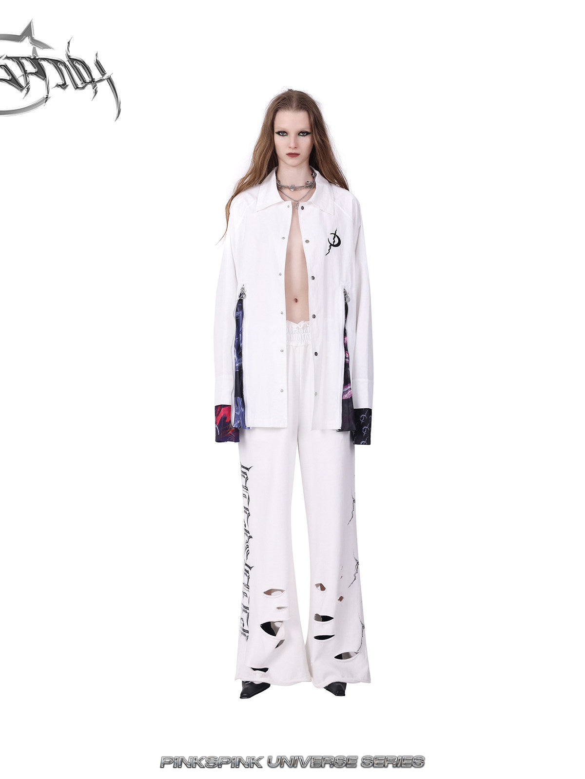 PINKSPINK COSMOS zip-panel white trench coat in white — front full-length modeled view with white pants