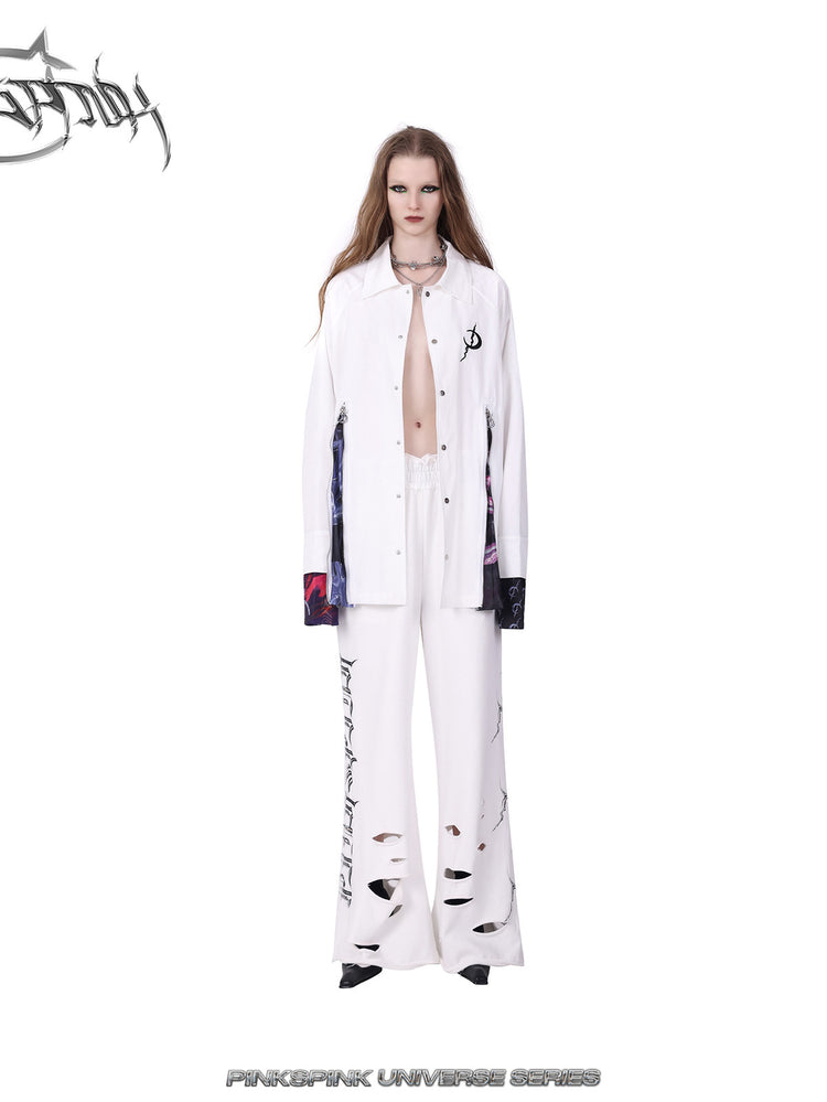 PINKSPINK COSMOS zip-panel white trench coat in white — front full-length modeled view with white pants