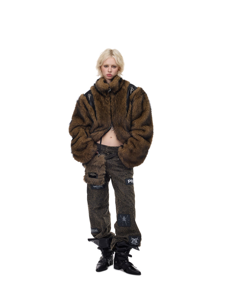 PINKSPINK ELECTRIC MOON paneled faux-fur jacket — front full-length view with lower zipper open