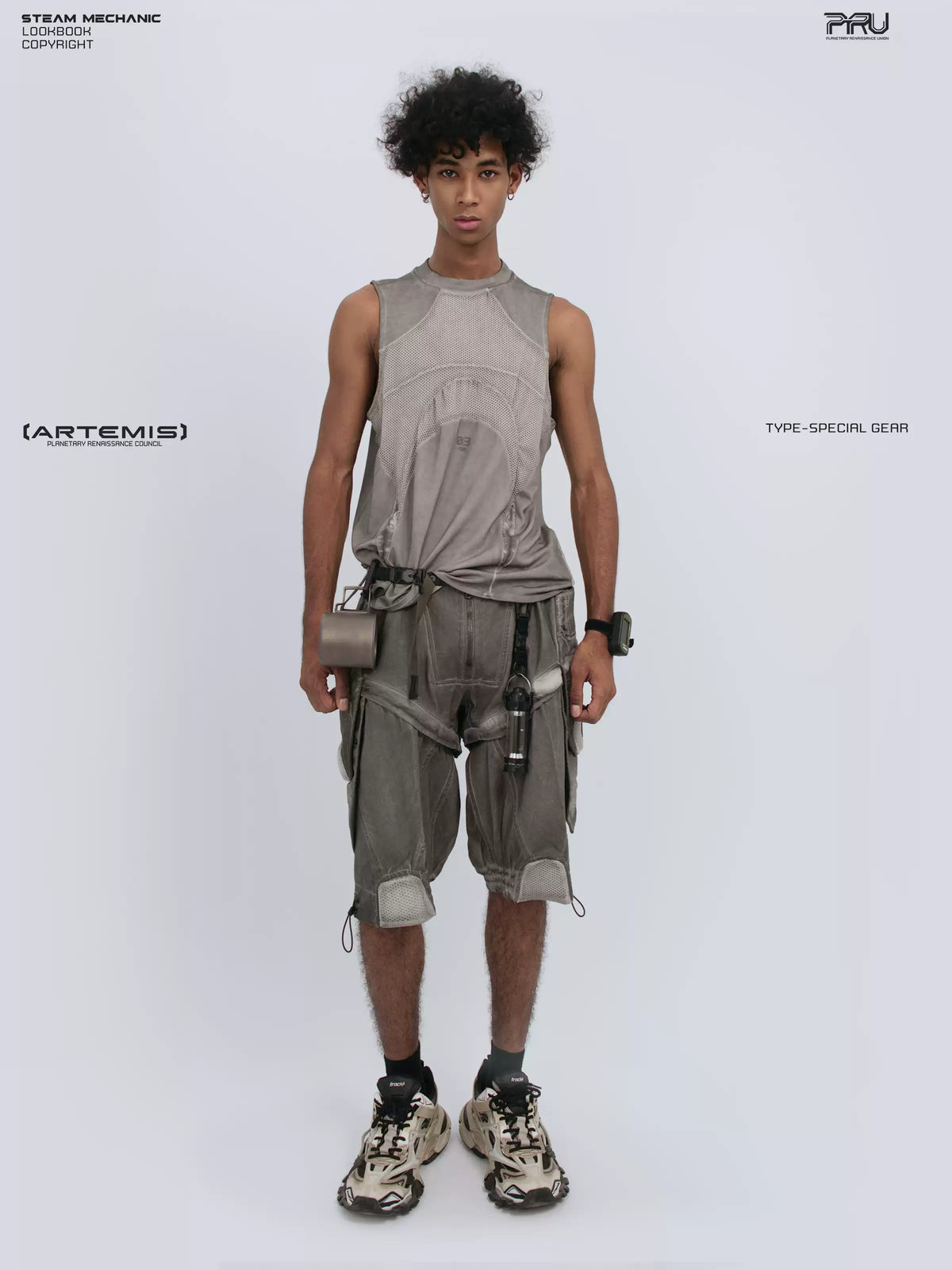 AEGIS lunar sea gray distressed mesh tank — full-length front modeled view