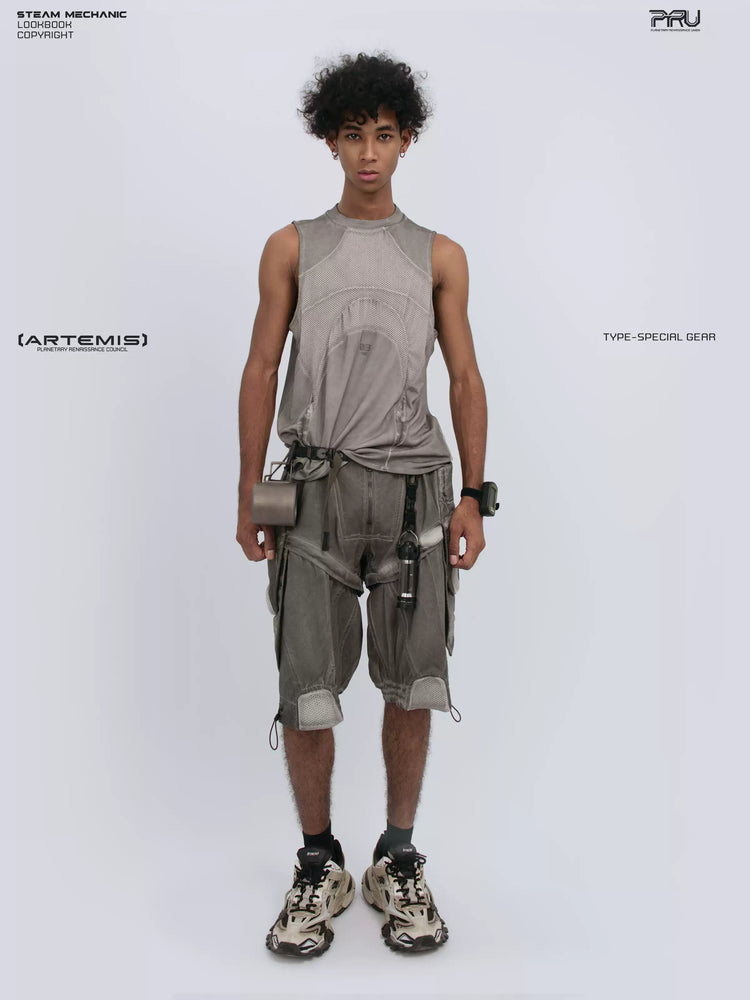 AEGIS lunar sea gray distressed mesh tank — full-length front modeled view
