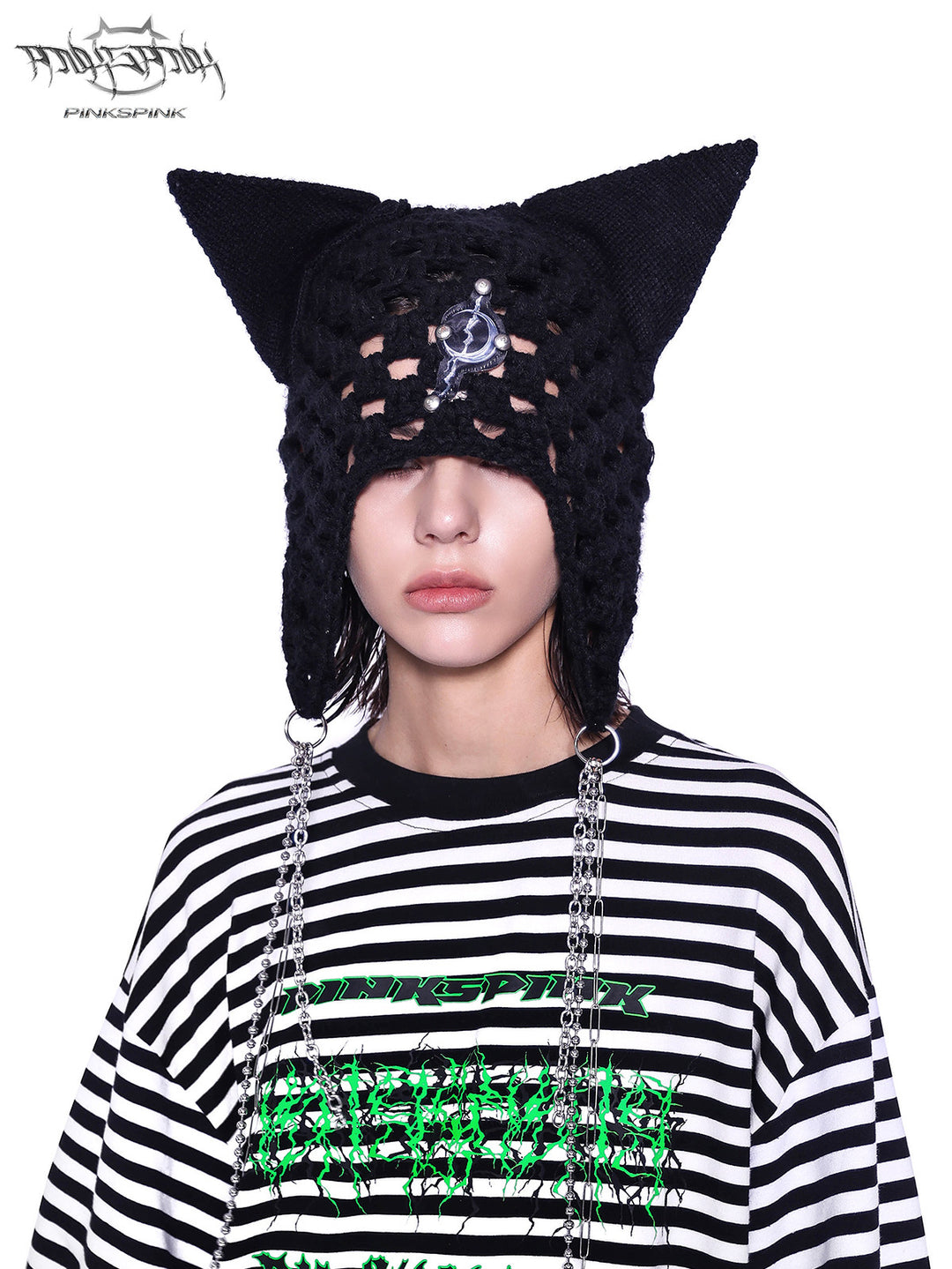 PINKSPINK ELECTRIC MOON chain cat-ear open-knit beanie — full-length modeled styling view