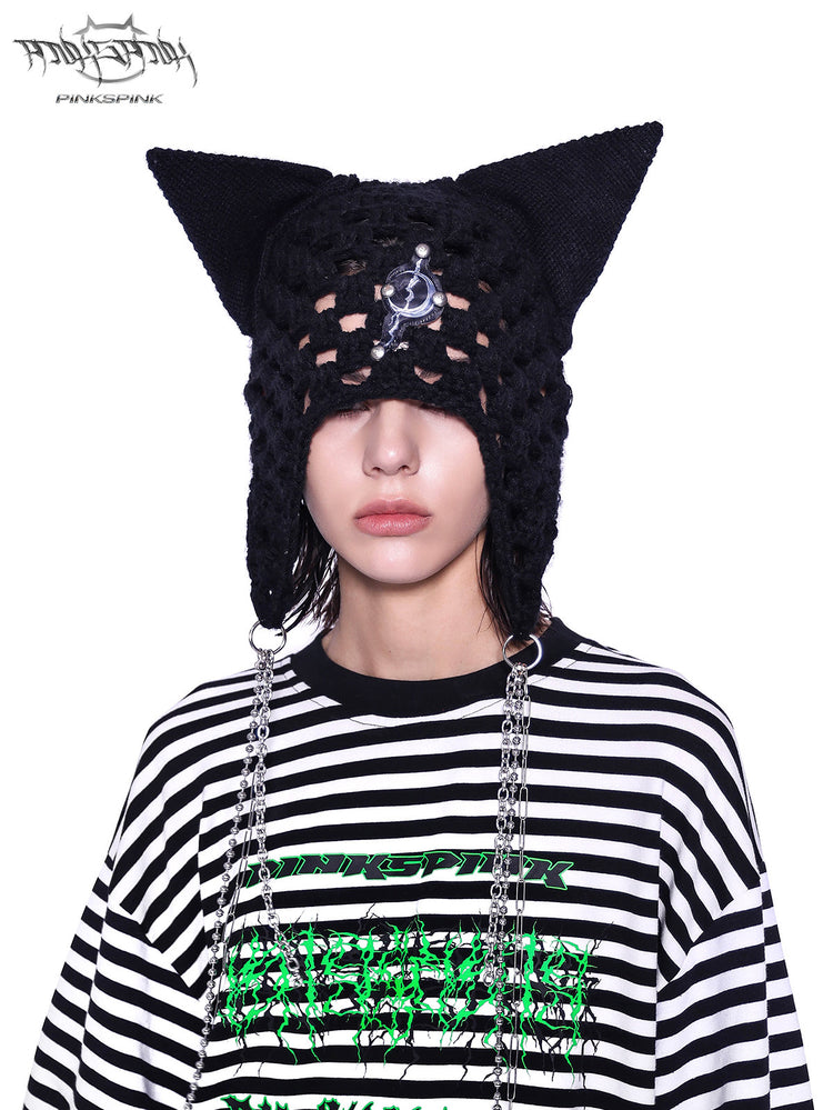 PINKSPINK ELECTRIC MOON chain cat-ear open-knit beanie — full-length modeled styling view